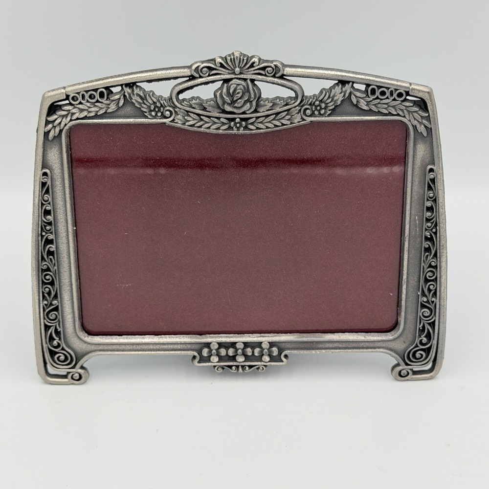VTG Ornate Pewter Tone Rose Picture Frame 3.5x5 Victorian Floral Coquette Decor